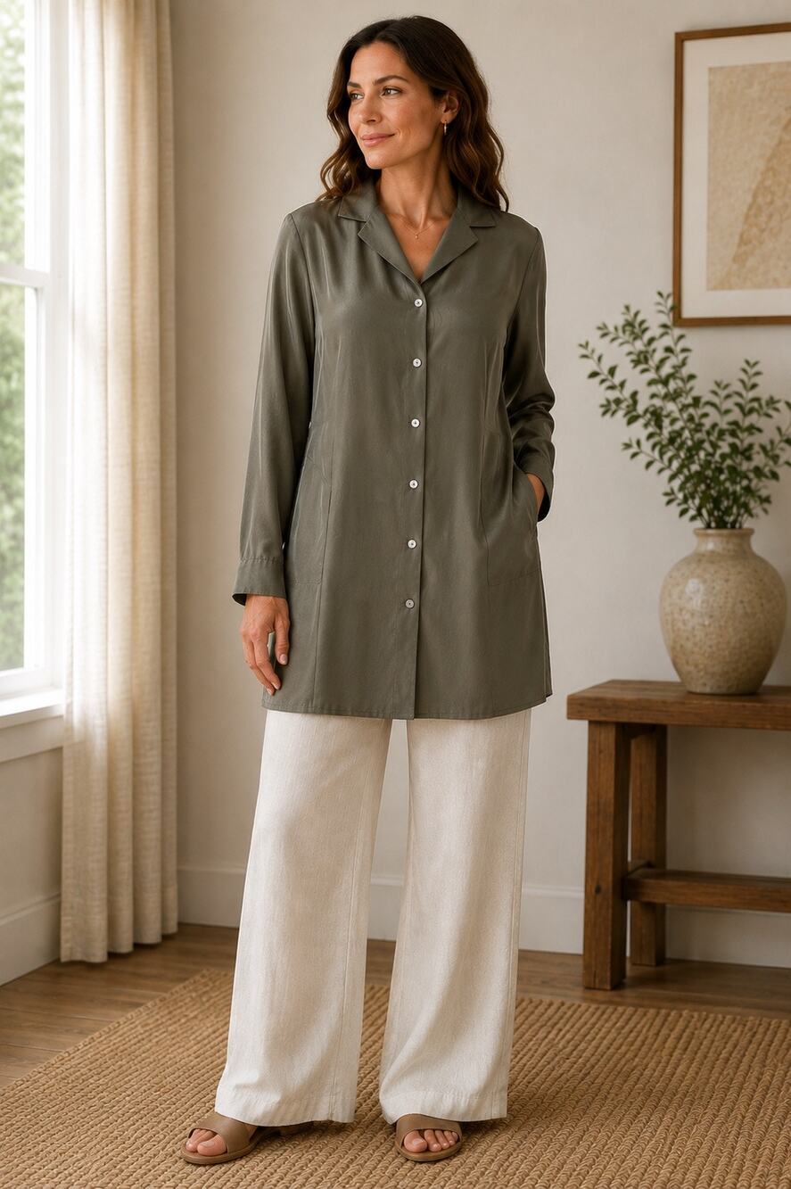 Eileen Fisher 100% Silk Tunic Blouse Jacket Button Front Green Medium Minimalist